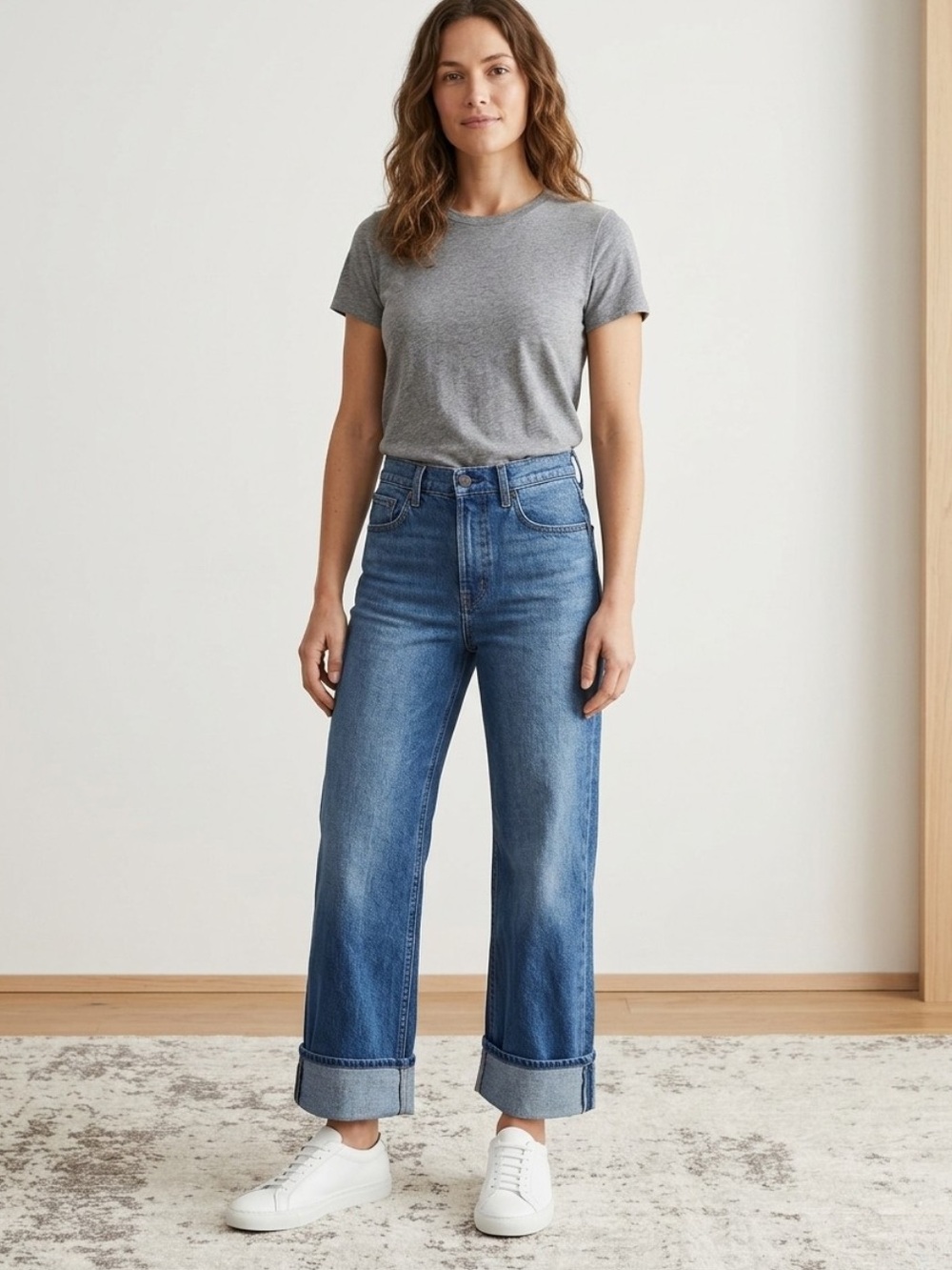 Modern American High-Rise Rexford Cuff Wide-Leg Blue Jeans Sz 26